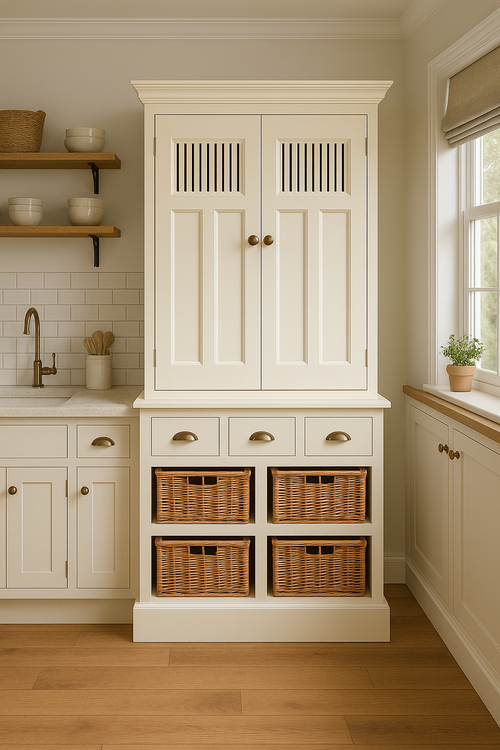 White kitchen cabinet with wicker baskets on a wooden floor