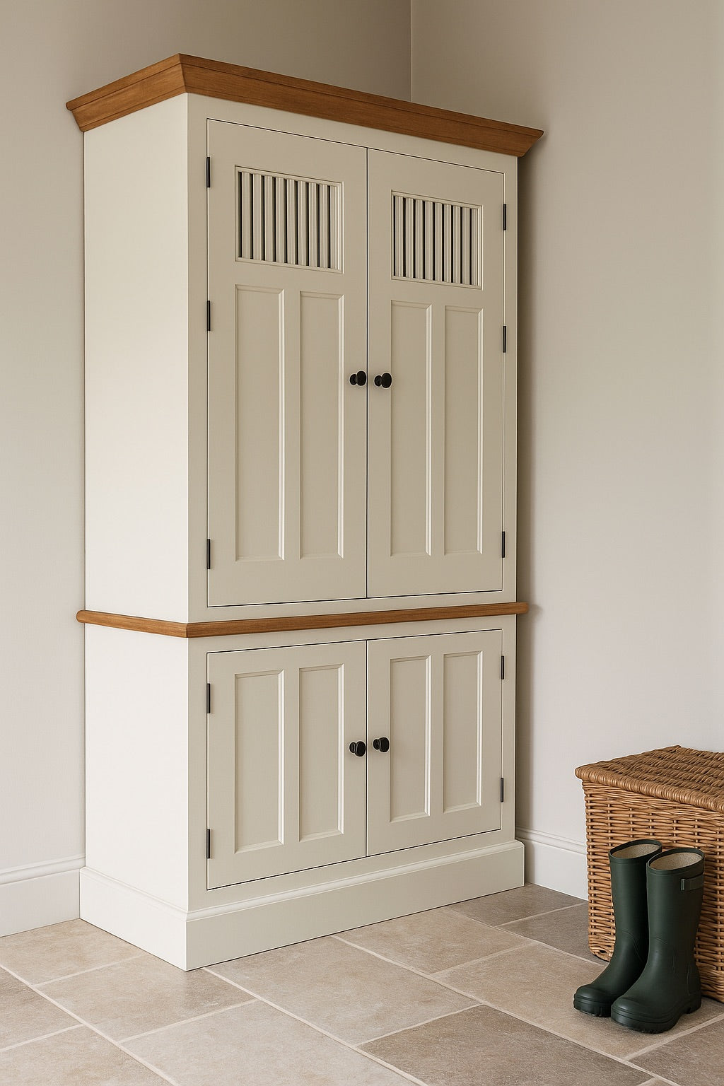 White wardrobe with wooden top and base, wicker basket, and green boots on tiled floor.