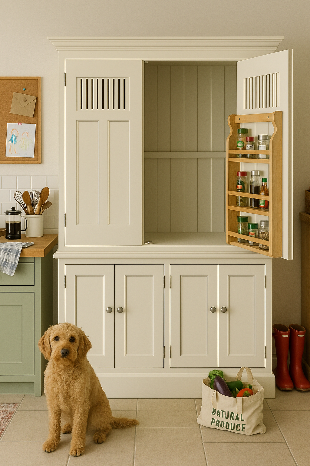Dog sitting in front of a large white pantry with shelves and cabinets.