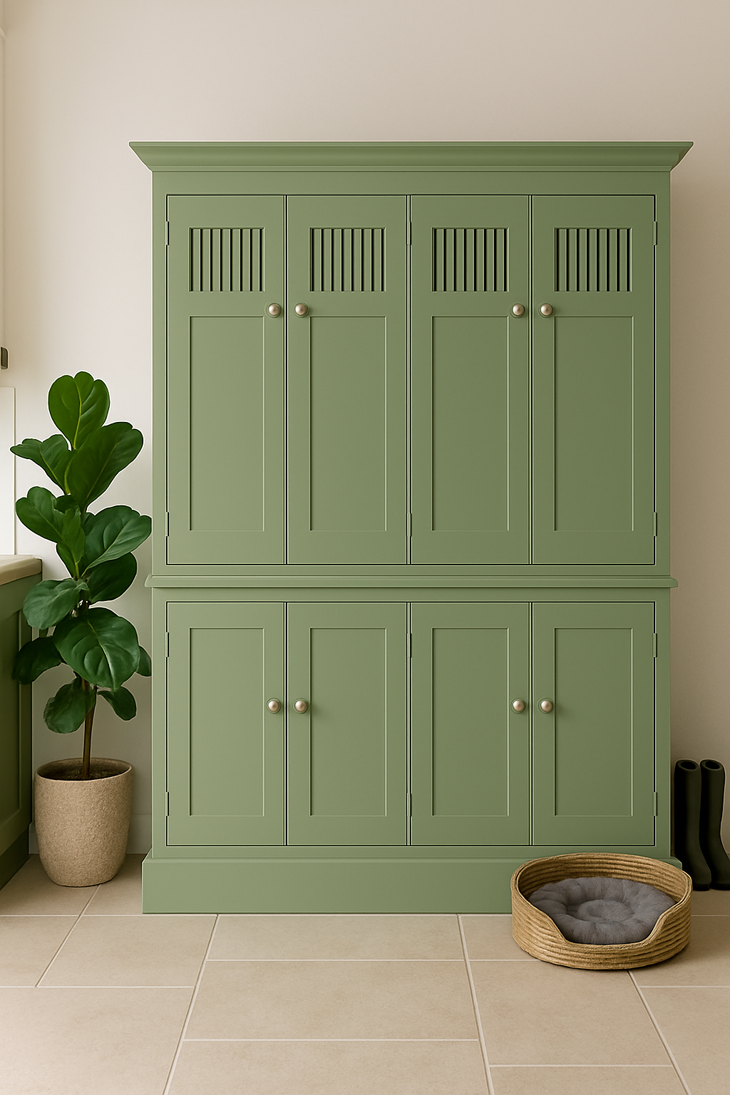 Green cabinet with decorative elements in a room setting