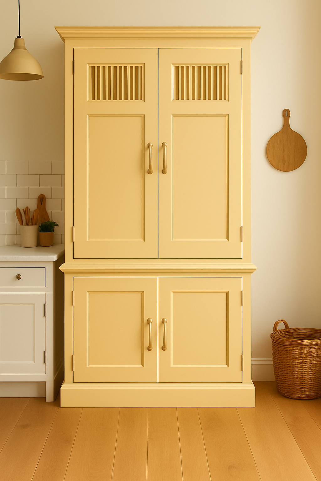Beige kitchen cabinet with wooden floor and wall decor