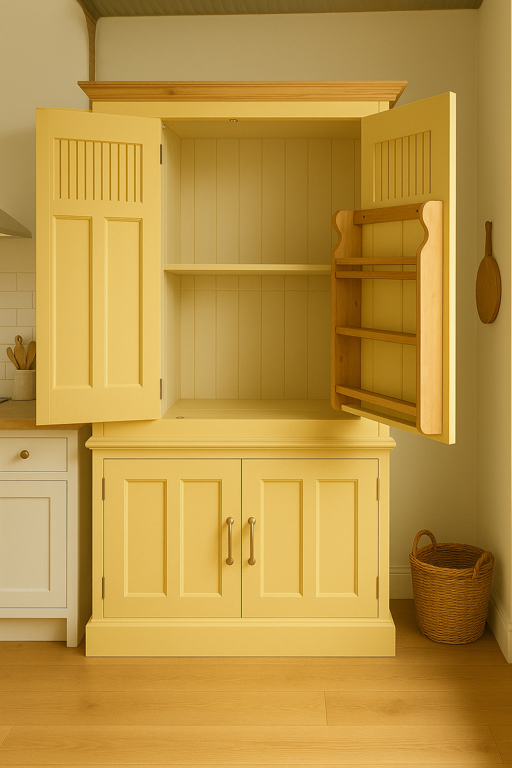 Light wooden cabinet with open doors in a kitchen setting