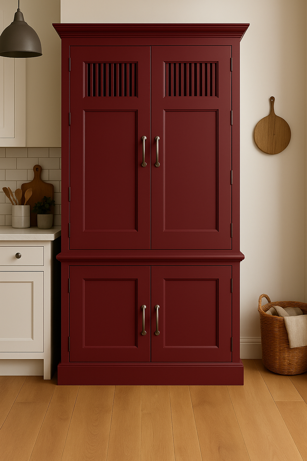 Red wooden cabinet in a kitchen setting with a white wall and wooden floor.