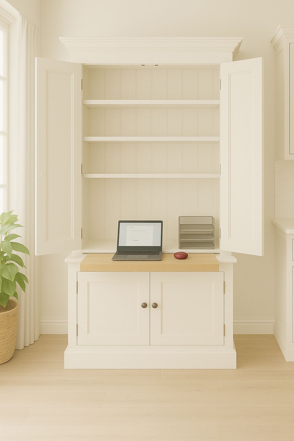 Computer desk station with 2 upper doors and 2 lower doors