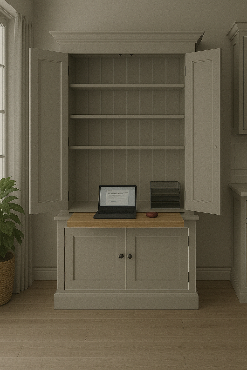 Computer desk station with 2 upper doors and 2 lower doors