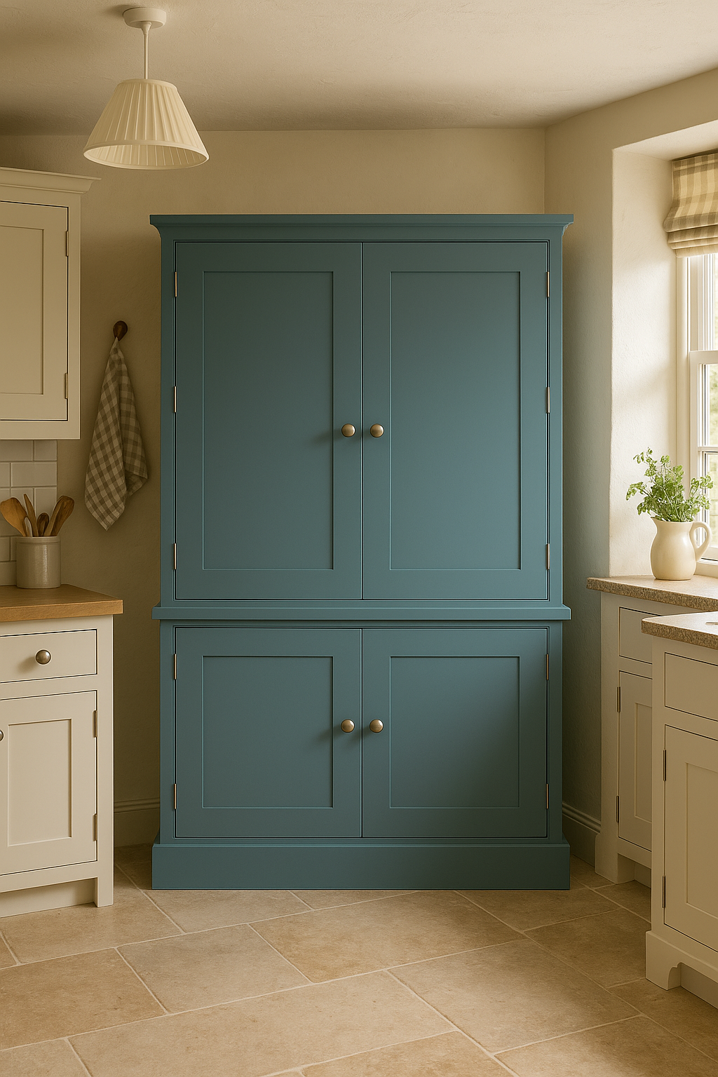 Blue cabinet in a kitchen with beige tiles and white walls